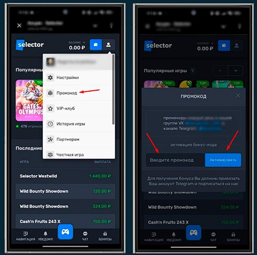 Применение промокода в Selector Casino
